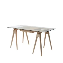 Bureau Arco, chêne laqué transparent, tiroir, plateau en verre incl.