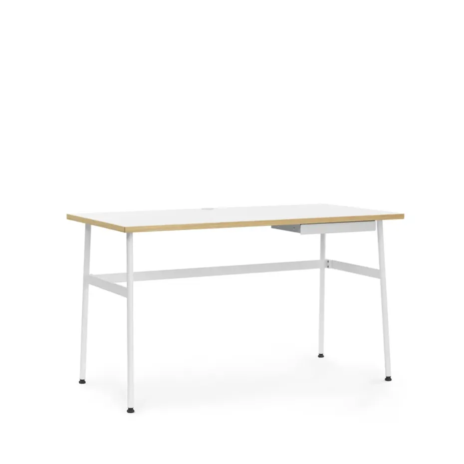 Bureau Journal, stratifié blanc, pieds en acier blanc et tiroir