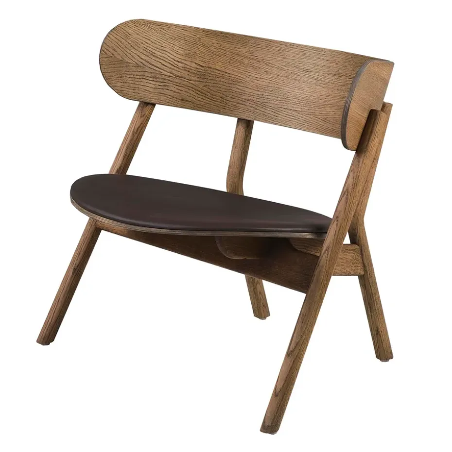 Chaise lounge Oaki assise en cuir, Chêne fumé