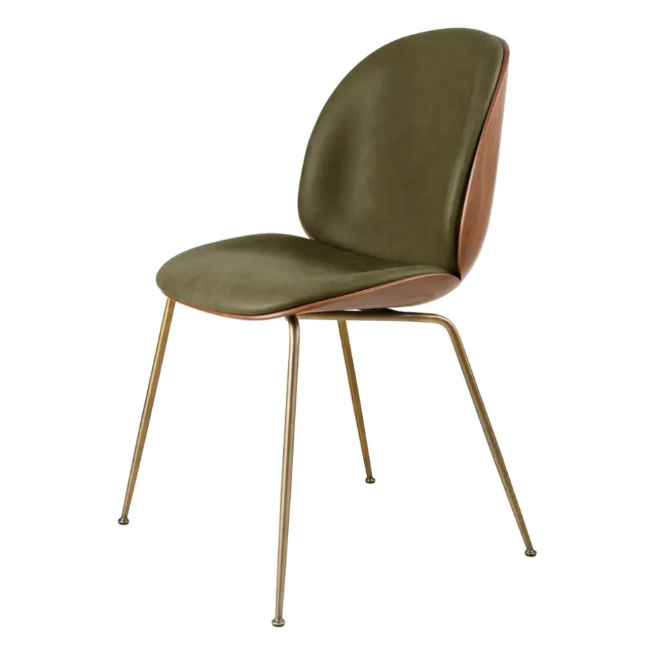 Chaise rembourrée sur le dossier et l'assise Beetle noyer, Laiton antique-Leather Army