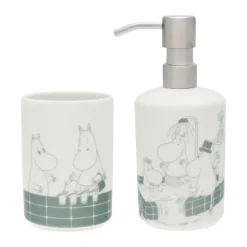 Distributeur de savon et porte-brosse à dents Mumin, Bain vert-blanc