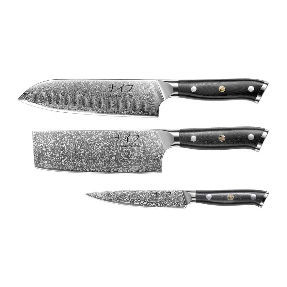 Ensemble de couteaux Damascus By Hâws 3 pièces, Noir-acier inoxydable
