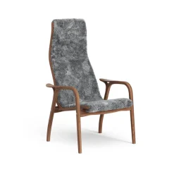 Fauteuil Lamino, peau de mouton scandinavian grey, noyer laqué
