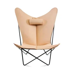 Fauteuil papillon KS Chair, cuir nature, support noir