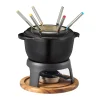 Service à fondue Foni en fonte émaillée 21×18,4×9,8 cm, Noir-plateau en acacia