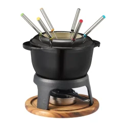 Service à fondue Foni en fonte émaillée 21×18,4×9,8 cm, Noir-plateau en acacia