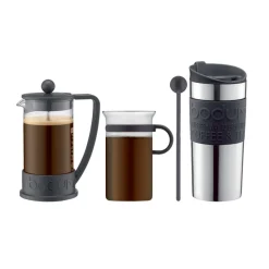 Set à café avec cafetière à piston, tasse, mug de voyage et cuillère, Noir