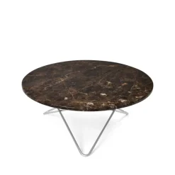 Table basse O, marbre marron, support en acier inoxydable