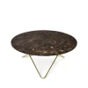 Table basse O, marbre marron, support en laiton