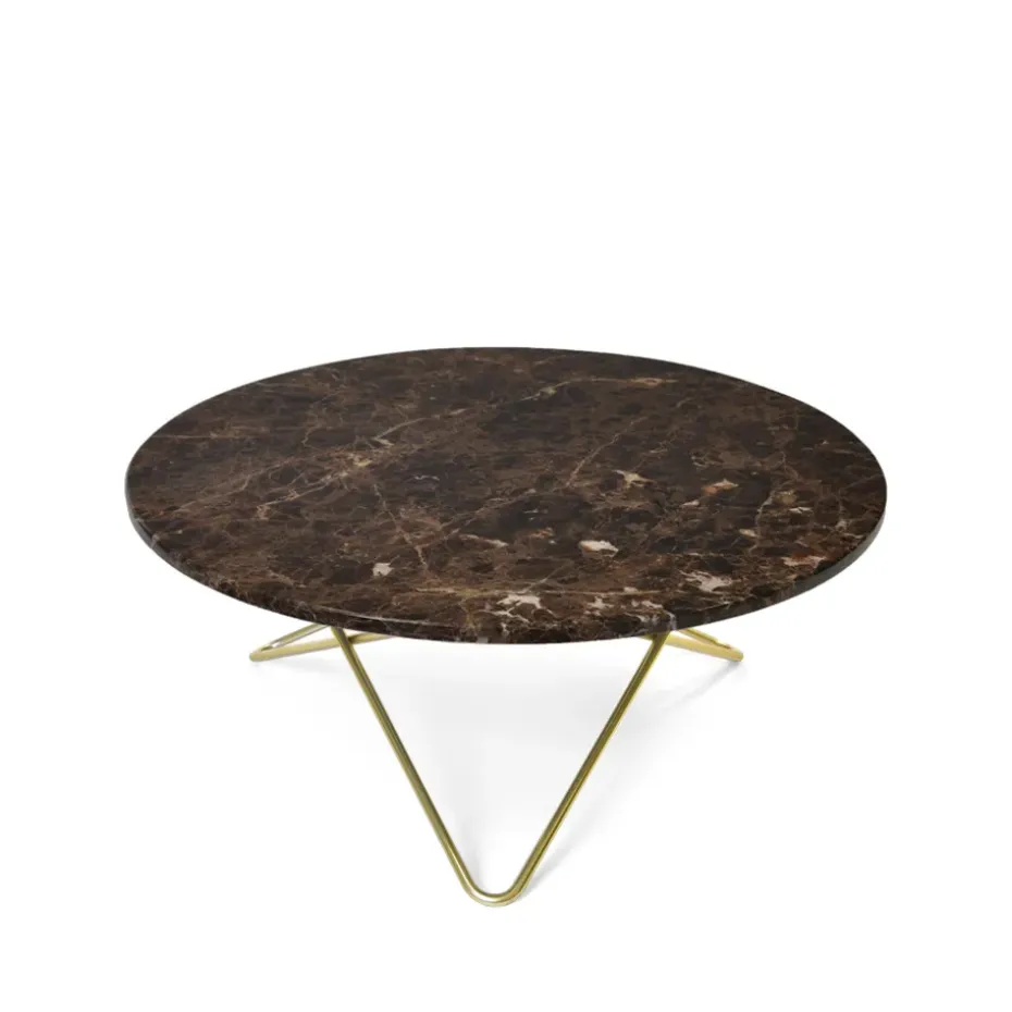 Table basse O, marbre marron, support en laiton